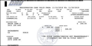 Example of CA vehicle registration card.
